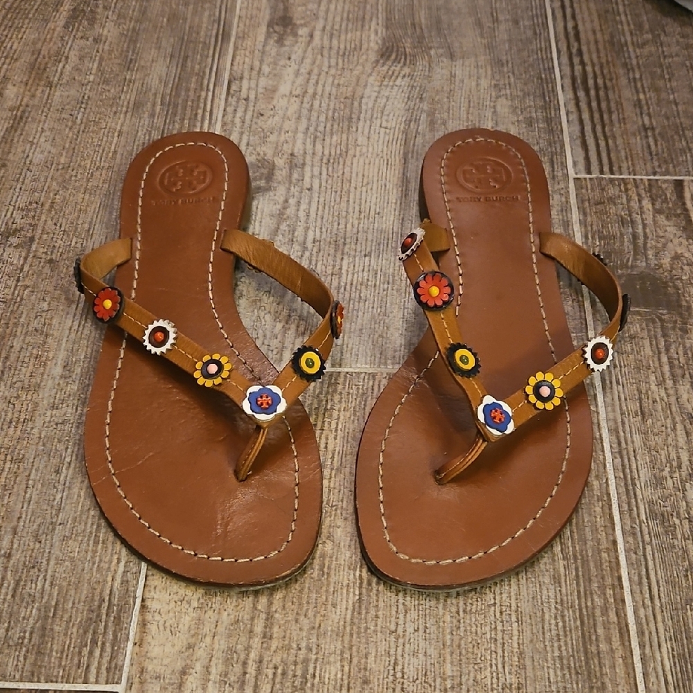 Tory Burch Brown and Red Sandals with Metallic Embellishments